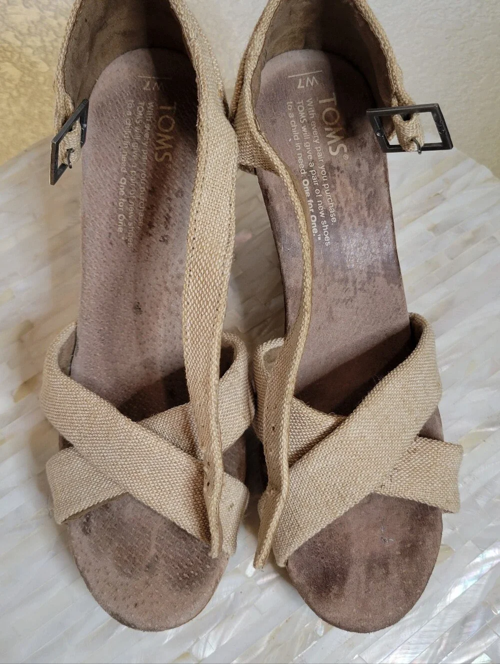 Toms Natural Canvas Crisscross Wedge Sandals Size 7W